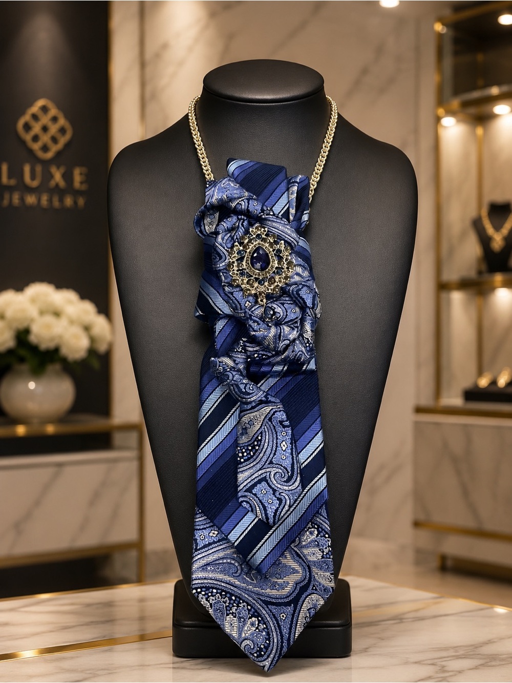 One of a Kind Handcrafted 100% Silk Blue Tie Necklace Wearable Art Statement